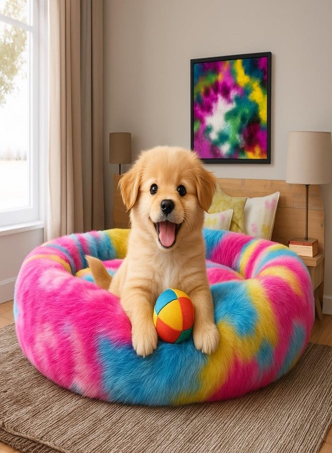 RoverPets Cozy Donut Cuddler Pet Bed for Cats & Dogs - Anti-Anxiety Soft Plush Bed with Faux Fur for Small to Medium Pets - Warm, Round Fluffy Nest (19 Inch - Small) - Image 1